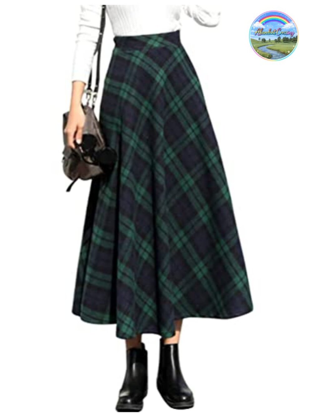 Women's Plaid Wool Maxi Skirt A-Line Pleated Elastic High Waist